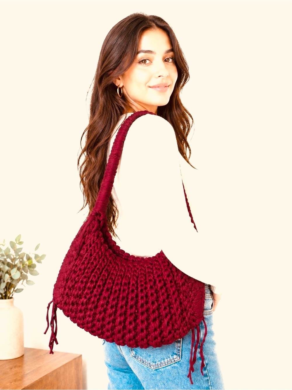 Handmade Burgundy Red Crochet Hobo Shoulder Bag